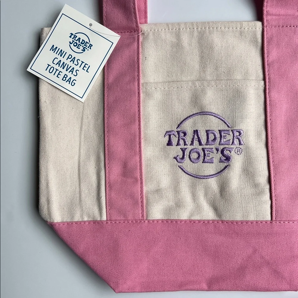Trader Joe's Pink & Cream Mini Canvas Tote with Mochi Minster Keychain Bundle - Picture 3 of 6